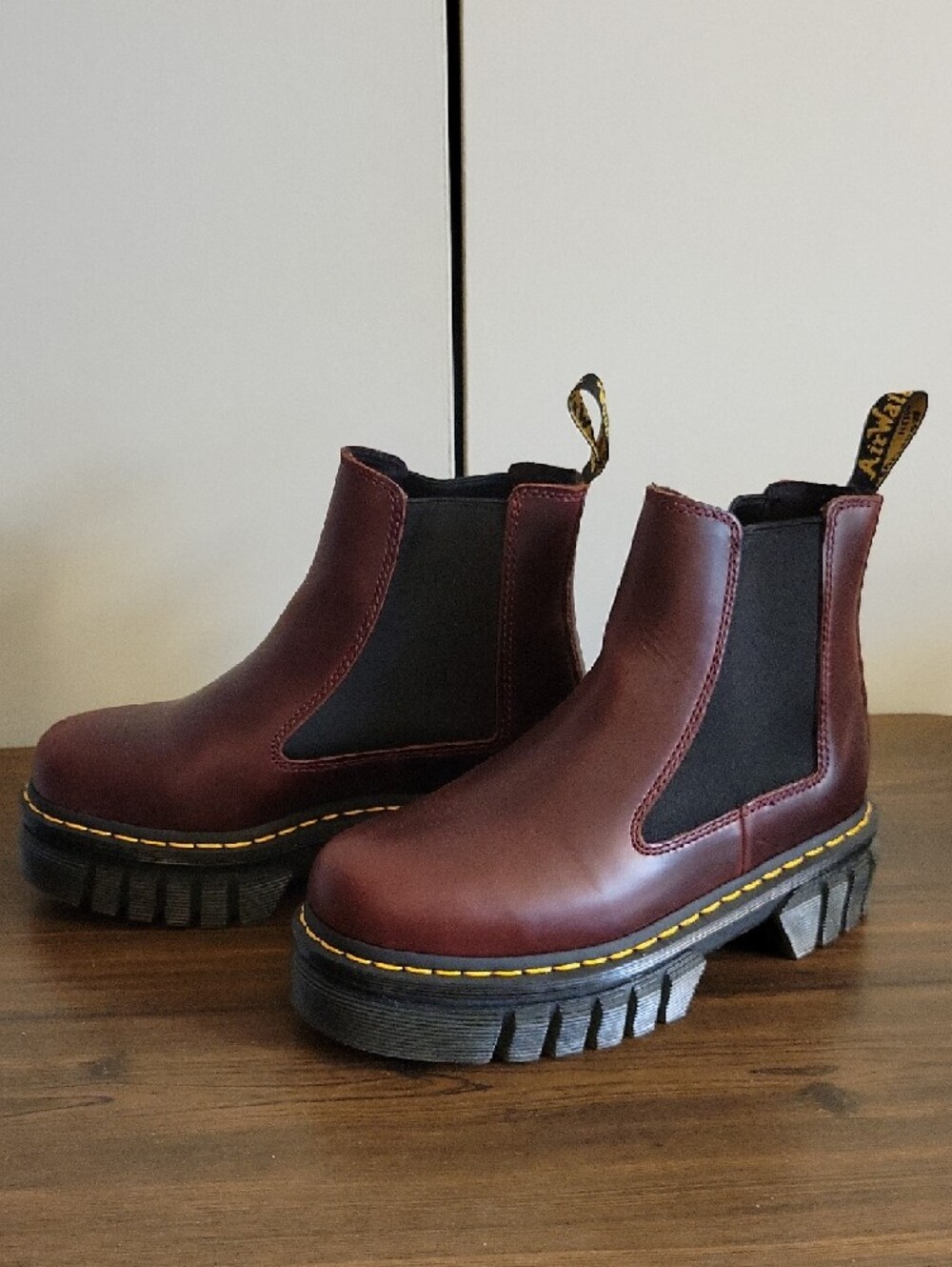 Dr. Martens Women's Leather Chelsea Boots in Burgundy with Yellow Stitching - Picture 2 of 9